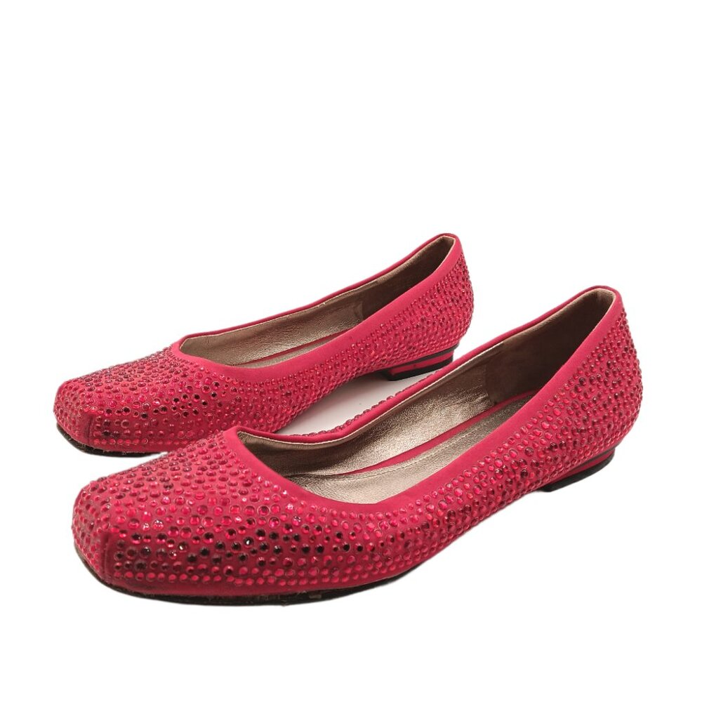 Joan & David Rhinestone Flats Womens 8.5 Red Satin Jewel Beaded Square Toe Dress